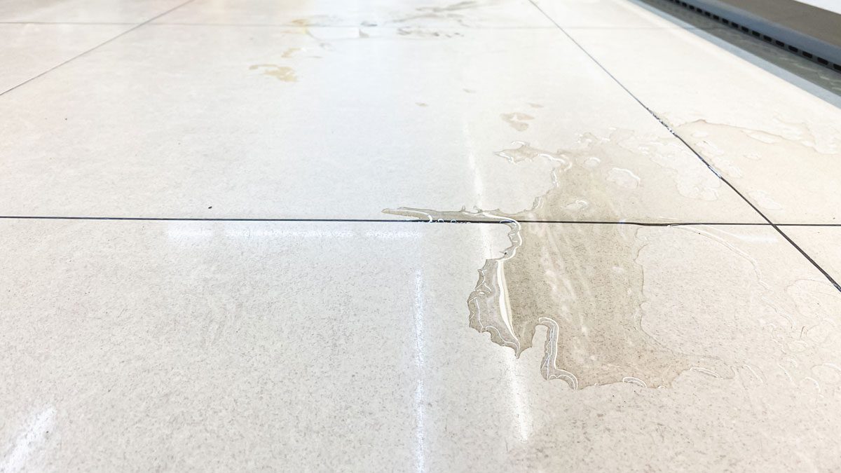 Wet floor in store aisle with caution sign ahead