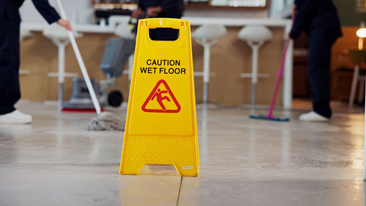 Wet floor sign during cleaning in indoor space